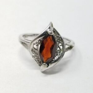 Vintage Sterling Silver Red Rhinestone Ring, Marquise Shape, Size 5 1/2 Band